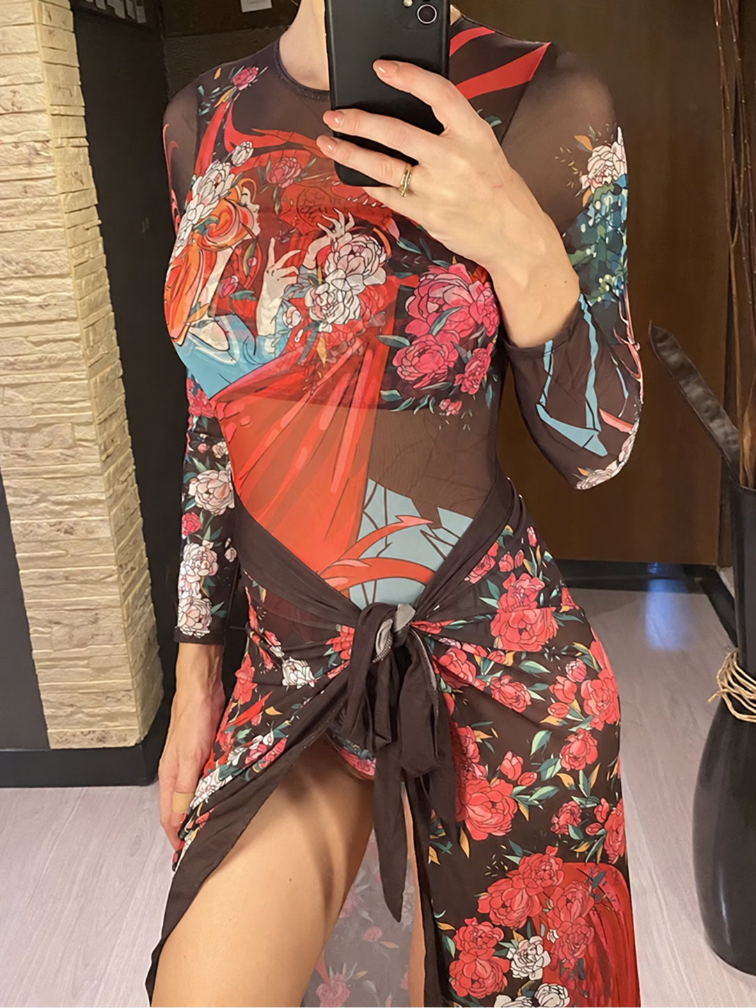 Printed Long Sleeve One-Piece Swimsuit with Matching Sarong